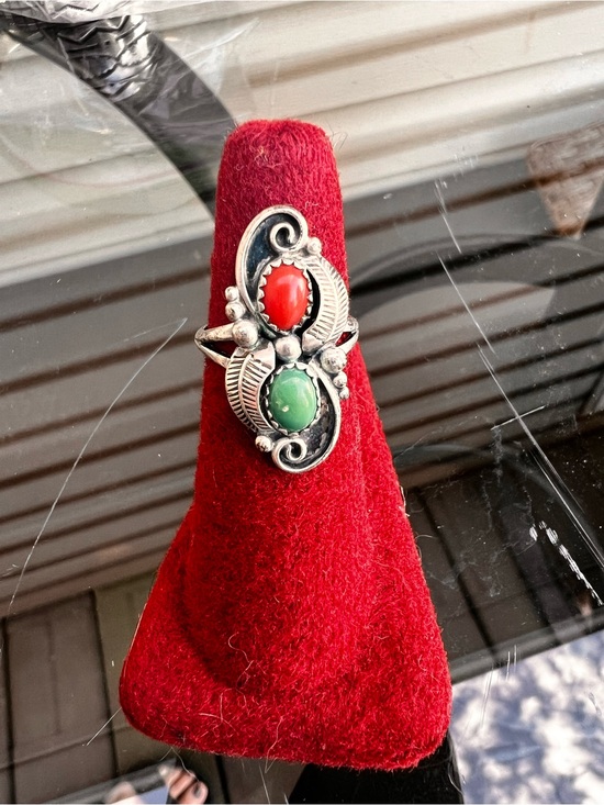 Jewelry - Vintage Navajo ring crafted from sterling silver turquoise & coral signed